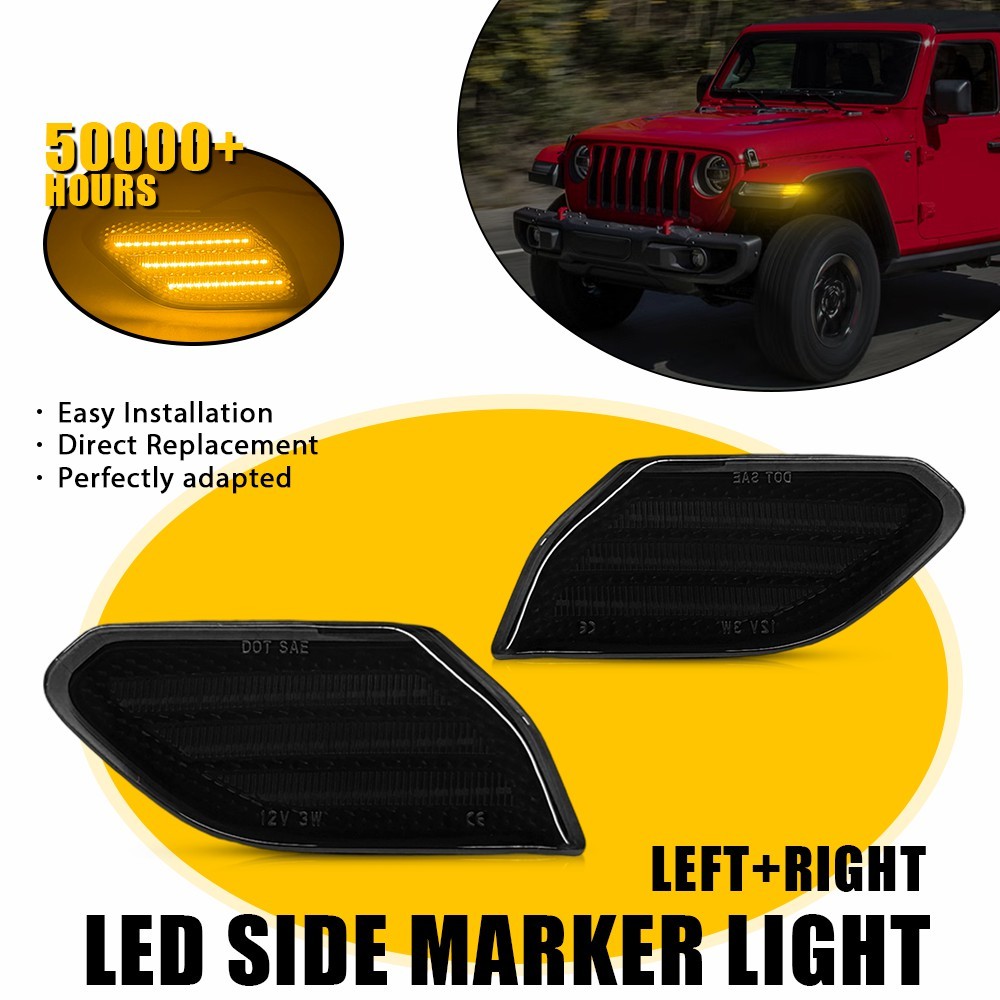 2Pcs Front Left Right Smoked LED Fender Side Marker Lights For 18+ JL / 20+ JT