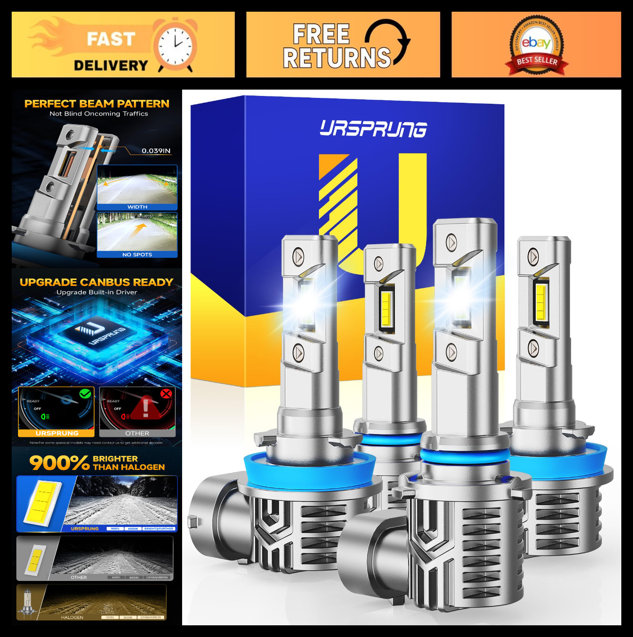 H11 9005 LED Bulb Combo, 130,000LM Bright 6500K Cool White, H8/H9/HB3, IP68 Wate