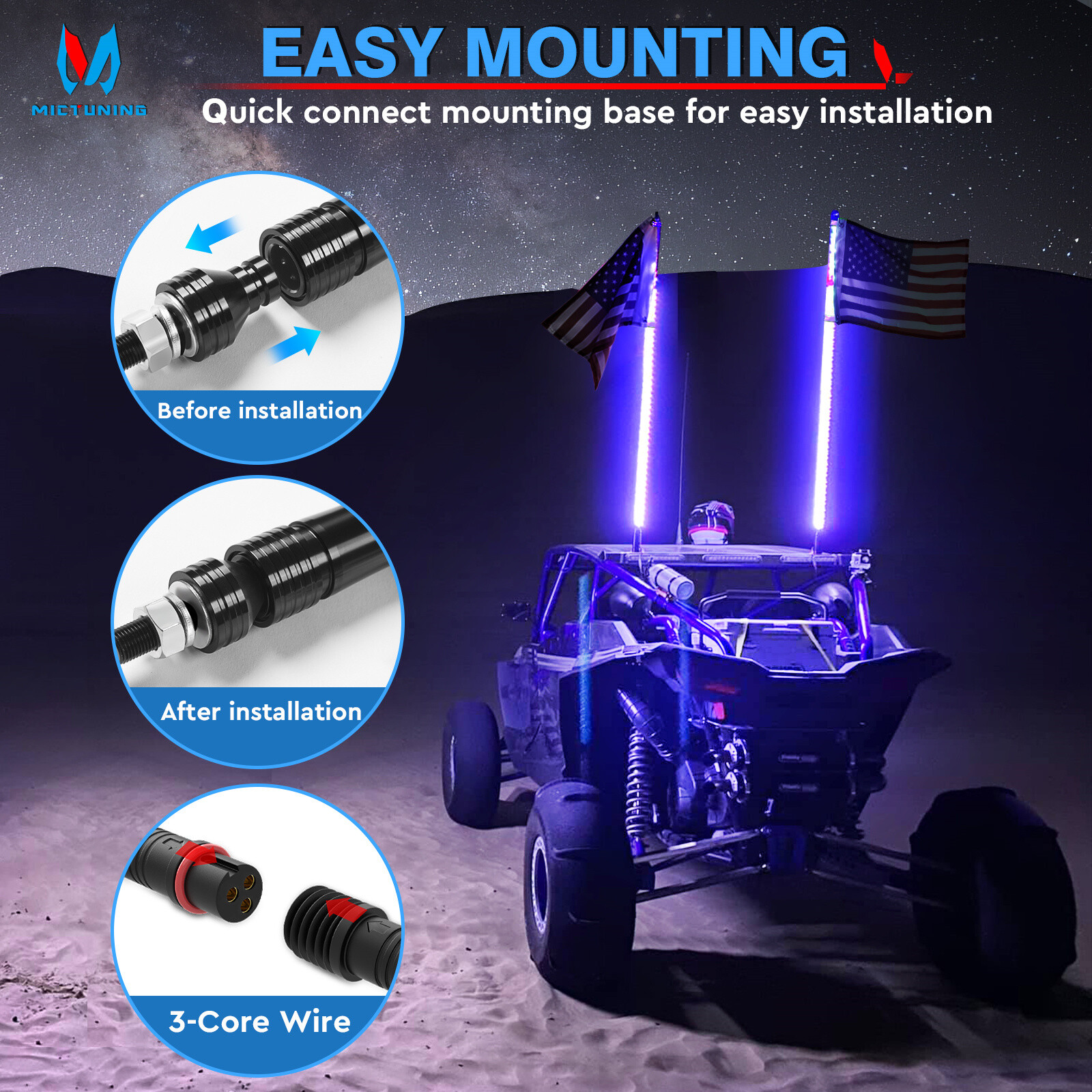 1Pair 3ft/4ft RGB-IC LED Whip Lights 360° Antenna Flow Lamp w/Remote For UTV ATV