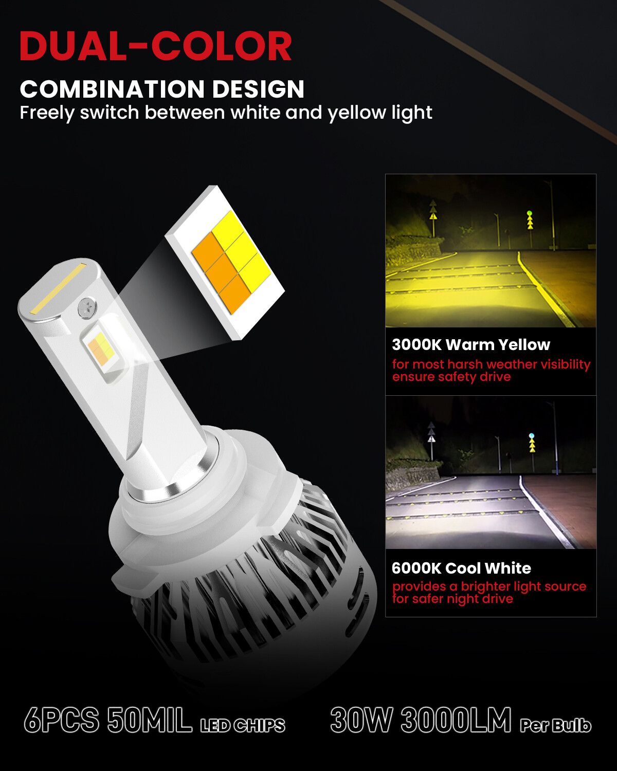 LASFIT Switchback 9005 HB3 LED Headlight Bulbs High Beam 6000LM Dual Color Kit