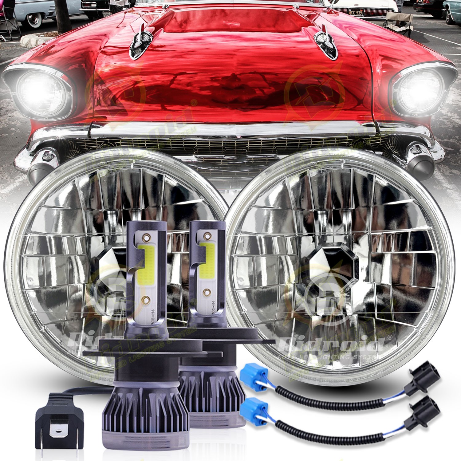 Pair 7″ Inch Round LED Headlights Hi/LO Sealed Beam for Chevy Bel Air 1955-1957
