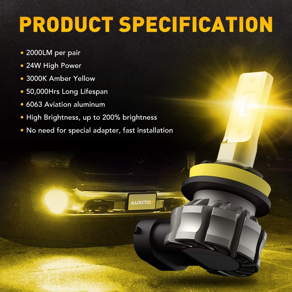 2-20X LED Fog Daytime Running Light Bulb H8/9/11 3000K Amber Super Bright AUXITO