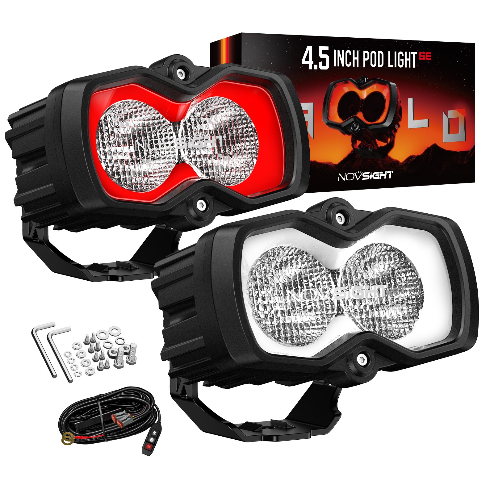 NOVSIGHT HALO Series 4.5″ LED Pod Work Flood Light Red & White DRL Off-Road 2pcs