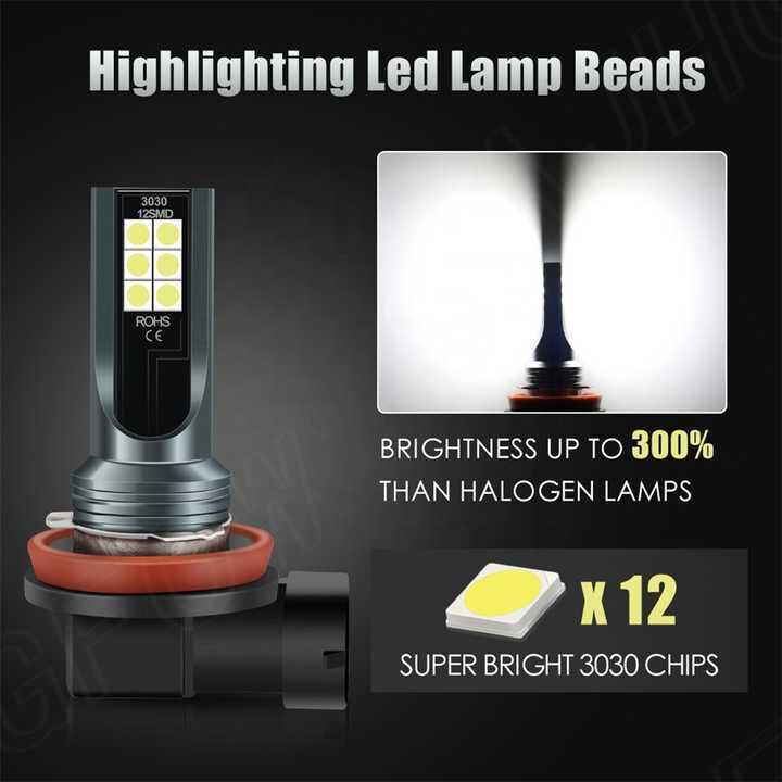 AJHGFOW H11 H8 H9 Fog Light Super Bright 1:1 Size 6500K White Fanless 60W