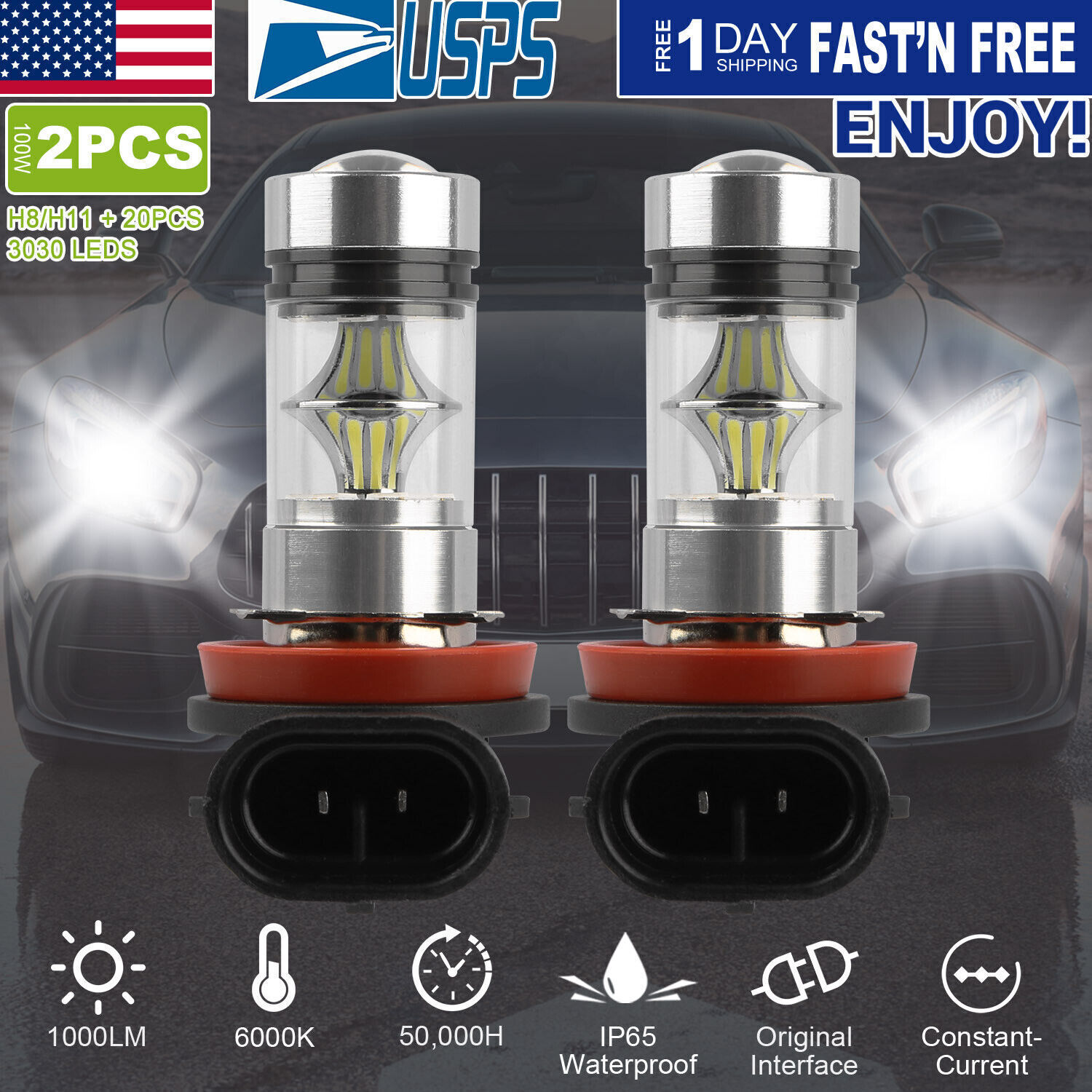 2 Packs 1000LM 100W H8/H9/H11 LED Fog DRL Light Bulb Waterproof 360° Beam Angle
