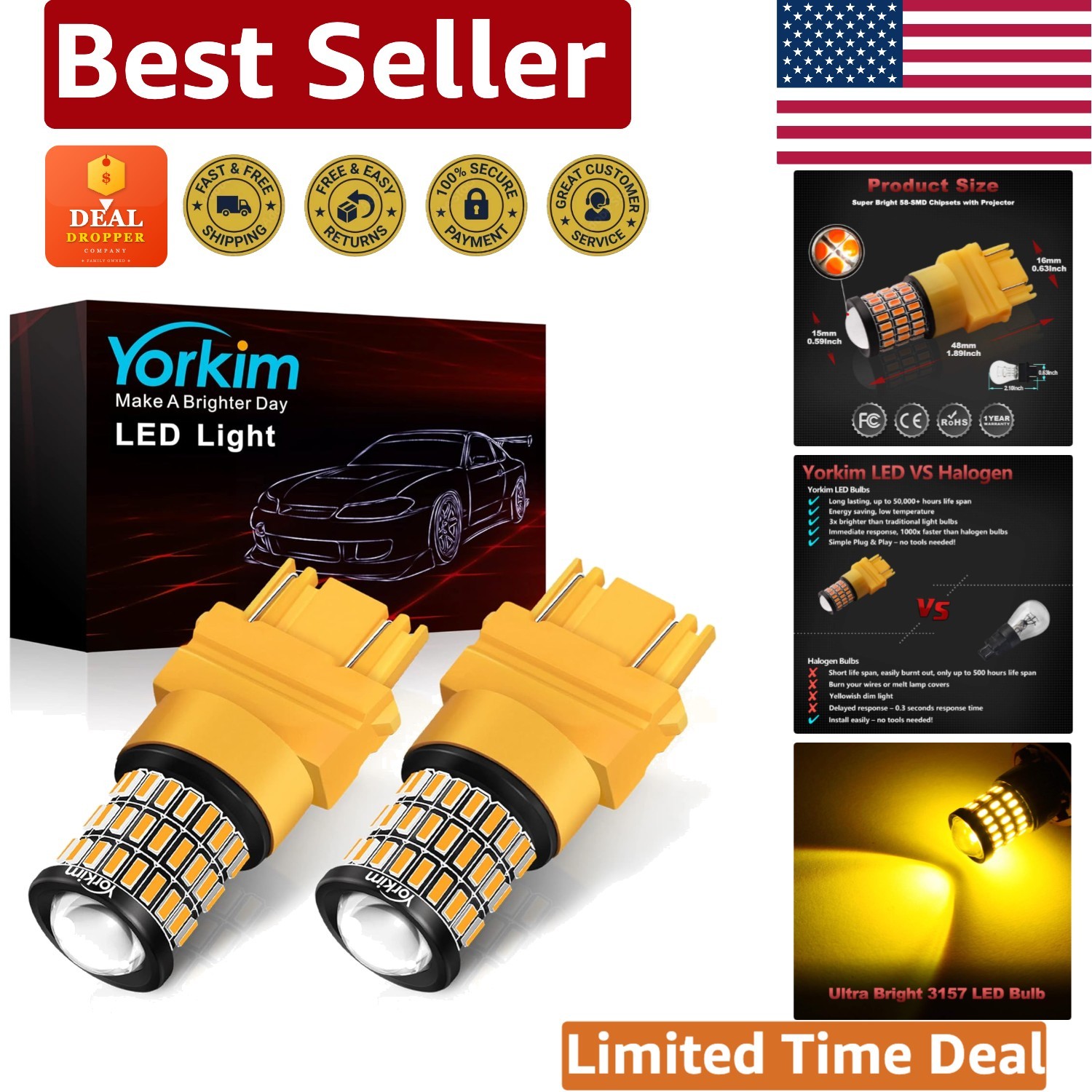 Plug & Play 3157 Amber LED Bulbs for Front/Rear Turn Signals – 50000 Hours Life