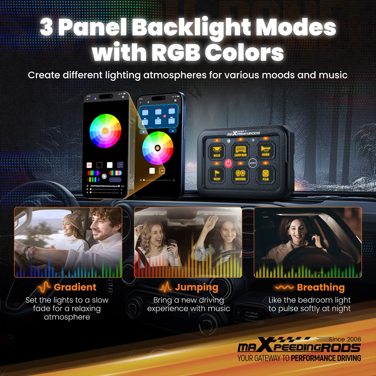 Switch Control Panel For Off-Road Vehicle Boat SUV 6 Gang RGB APP 12V-24V 720W