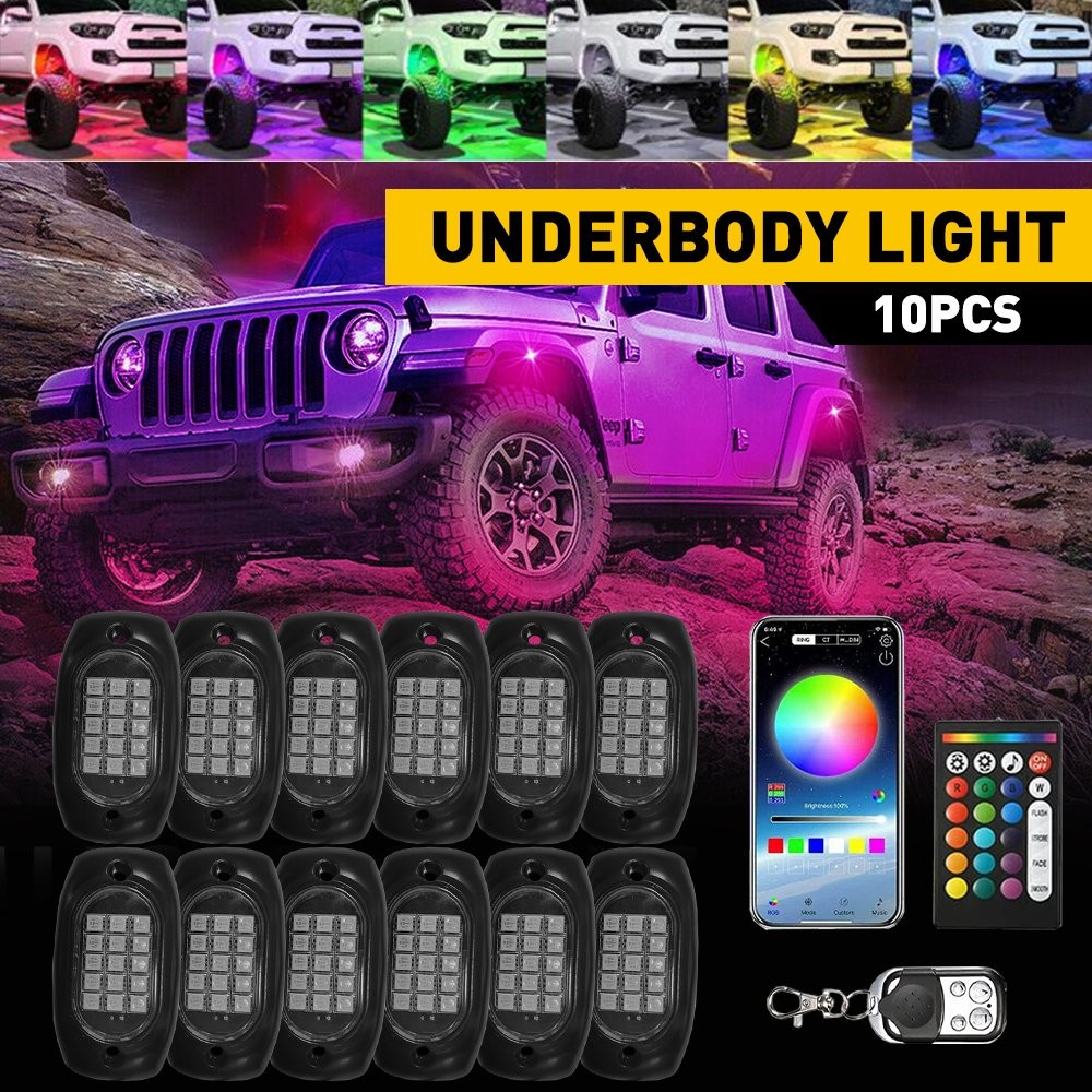 12V 10Pods RGB LED Rock Lights Underbody Wireless APP Music Chasing Offroad ATV