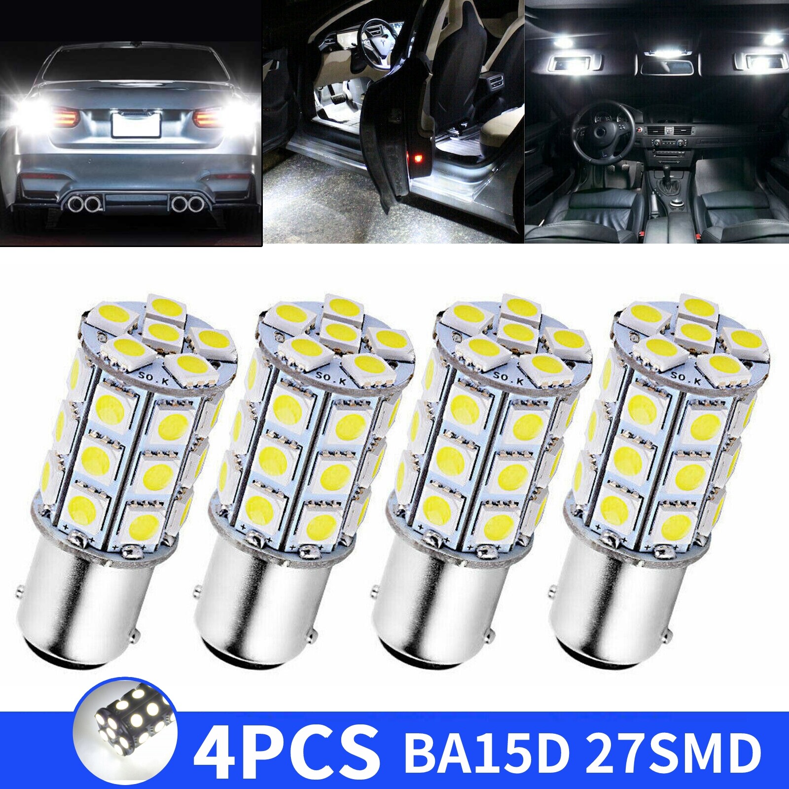 4pcs BA15D 1142 27-SMD LED Interior Light Bulbs Tail Brake Stop Lamp 6000K White