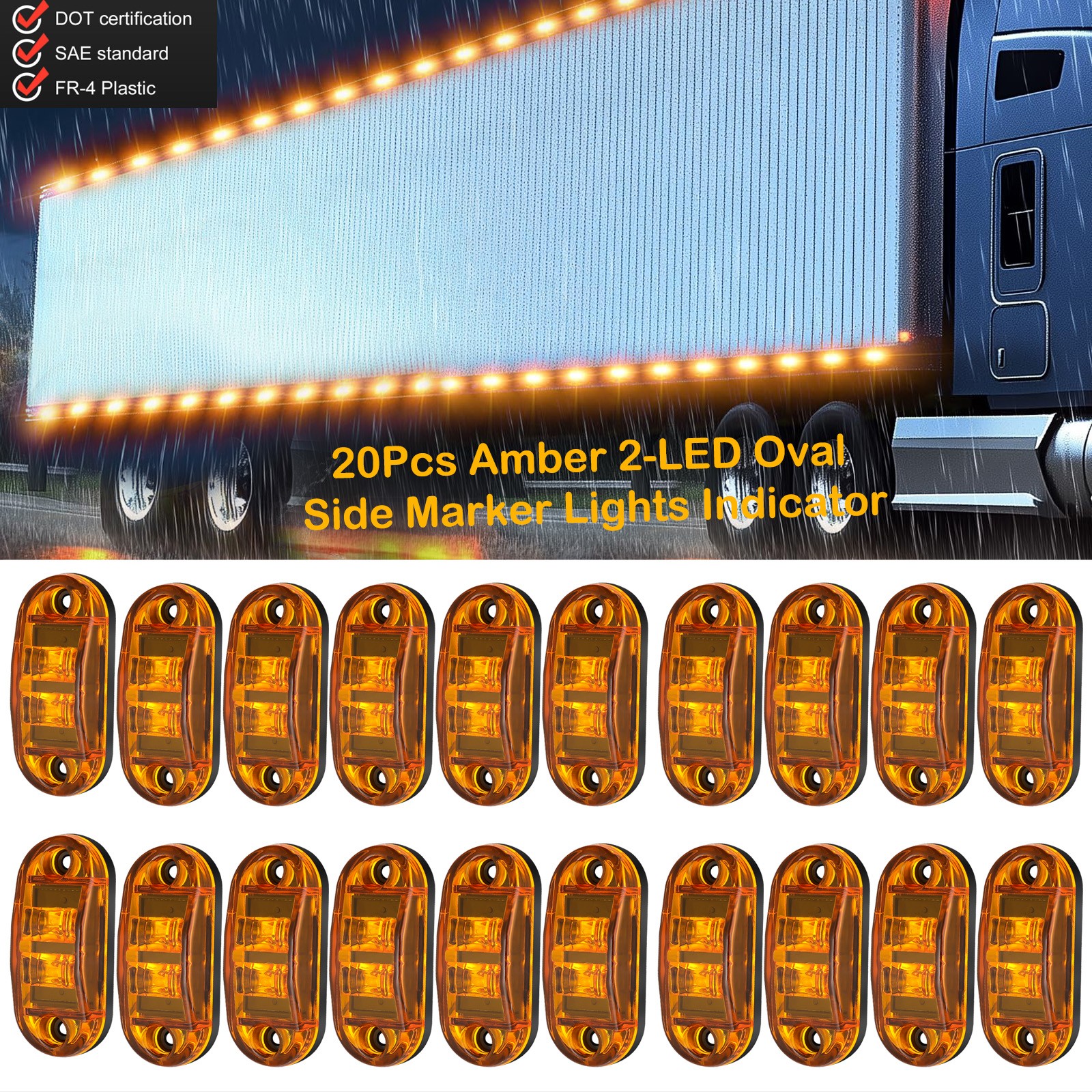 20Pcs LED Sealed Side Marker Clearance Lights Amber SAE DOT For Trailer Truck RV