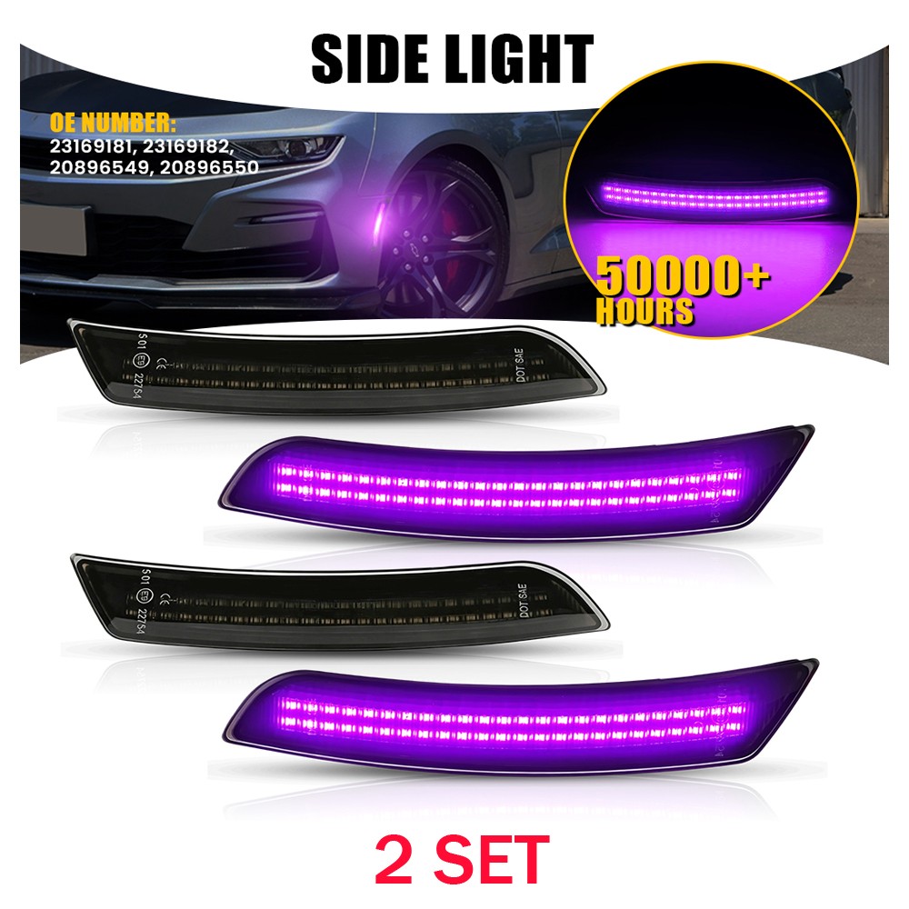 Purple LED Side Marker Lights 8X Fits 2016-2022 2023 Chevy Camaro Smoked Housing