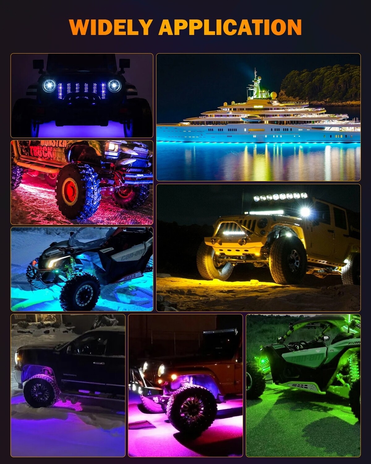 AUXBEAM For Jeep Wrangler JKU JK 4 Pods RGB LED Neon Rock Lights Underbody 48W