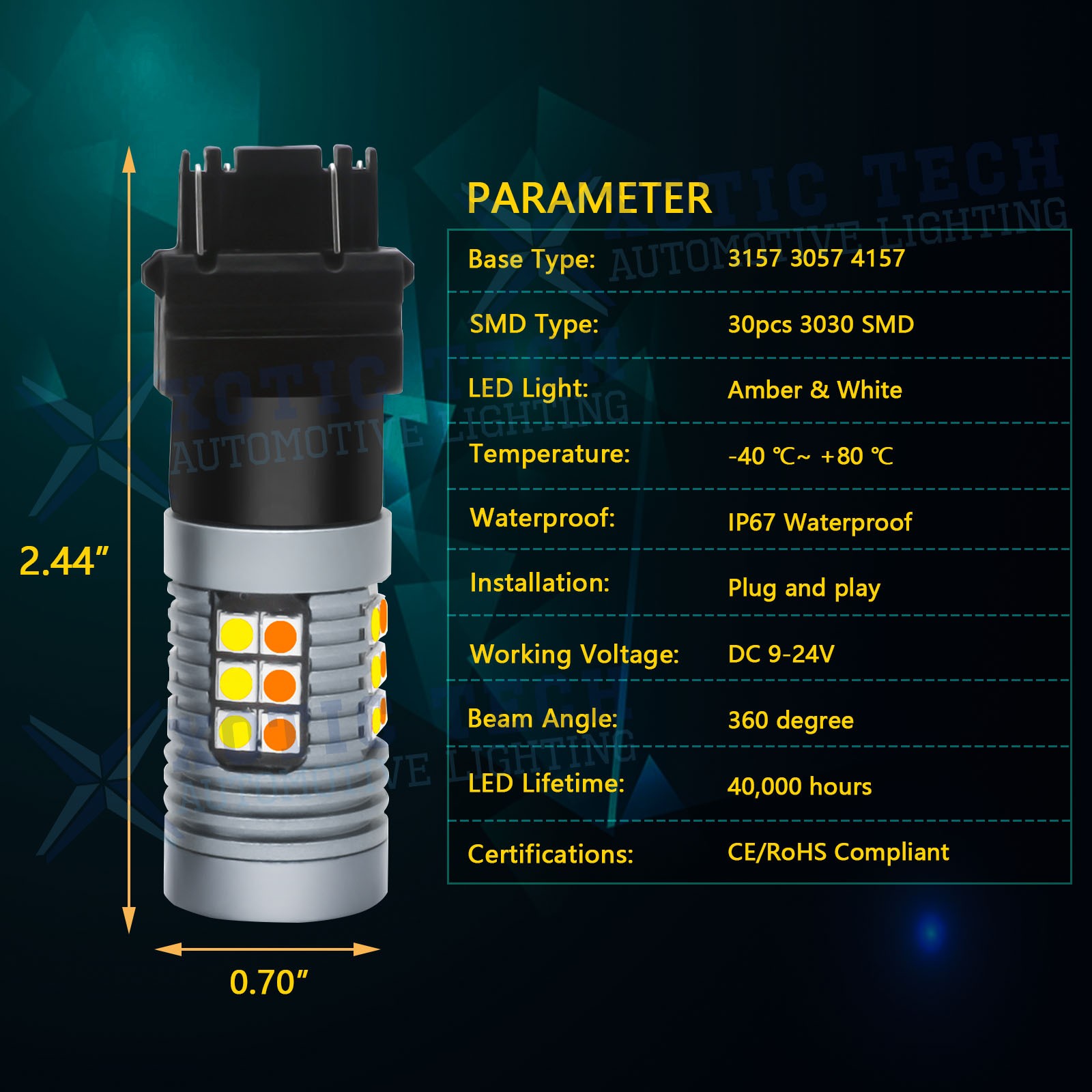 30-SMD 3157 Switchback LED Bulbs (6000K White 3000K Amber) + Load Resistor