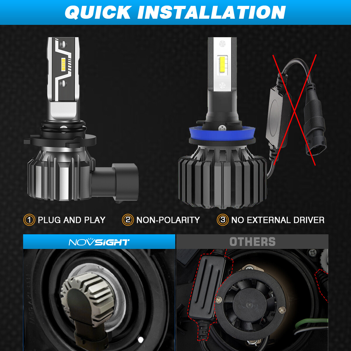 NOVSIGHT 9005 HB3 LED Headlight Bulb Conversion Kit High Beam White 10000LM 50W