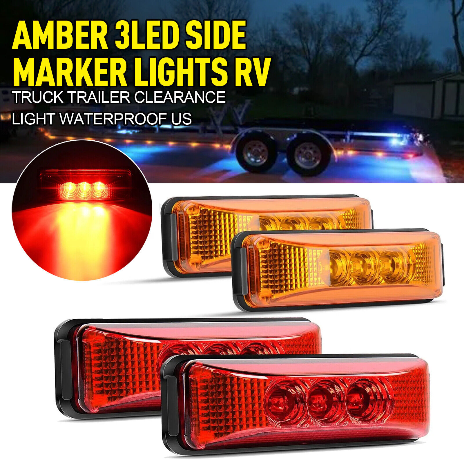4PC 3LED Amber Side Marker Lights RV Truck Trailer Clearance Light Waterproof