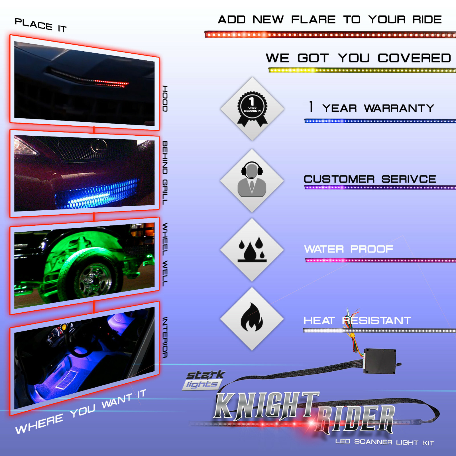 7 Color 48 LED RGB Knight Rider Scanner Flash Car Strobe Light Kit Strip 22 Inch
