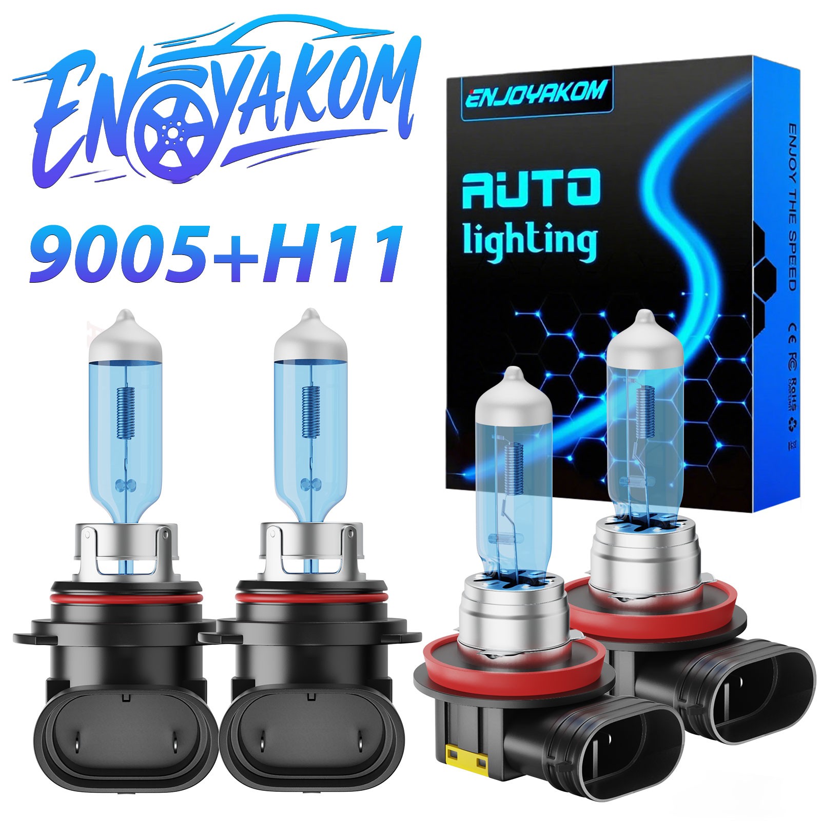 9005 H11 Halogen Headlight Super Bright Bulbs Kit 6000K White High Low Beam