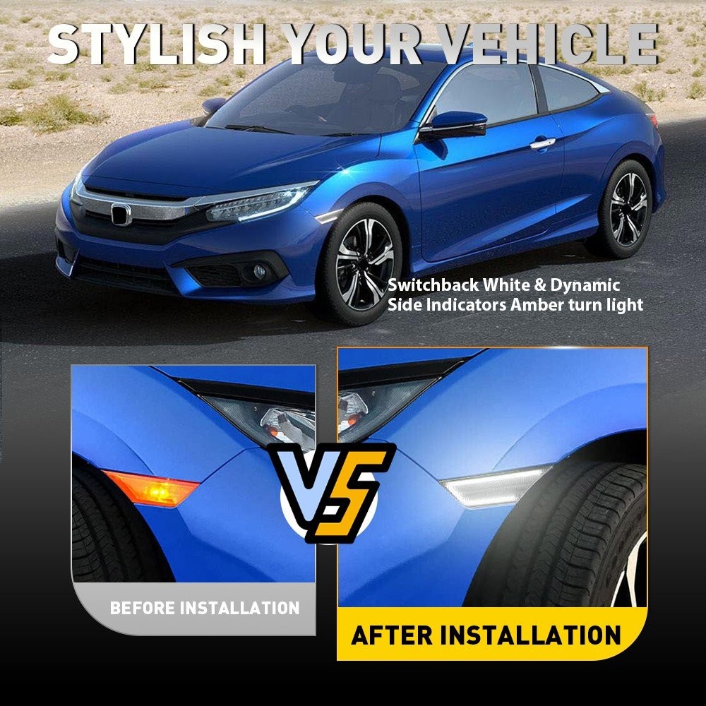 Smoke/Clear Full LED Strip Front Bumper Side Markers For 2016-2021 Honda Civic
