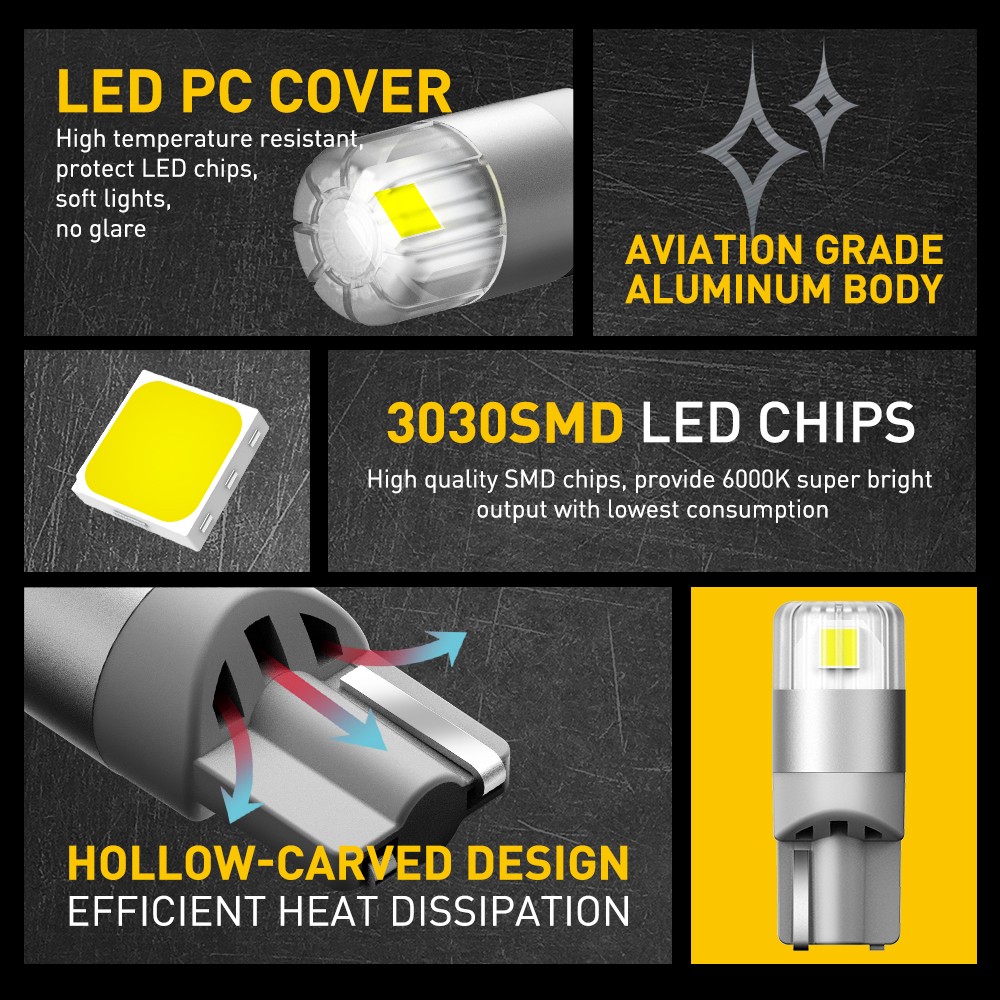 2-20x T10/194/W5W LED Bulb 6000K White Super Bright Canbus Plug&Play High Power
