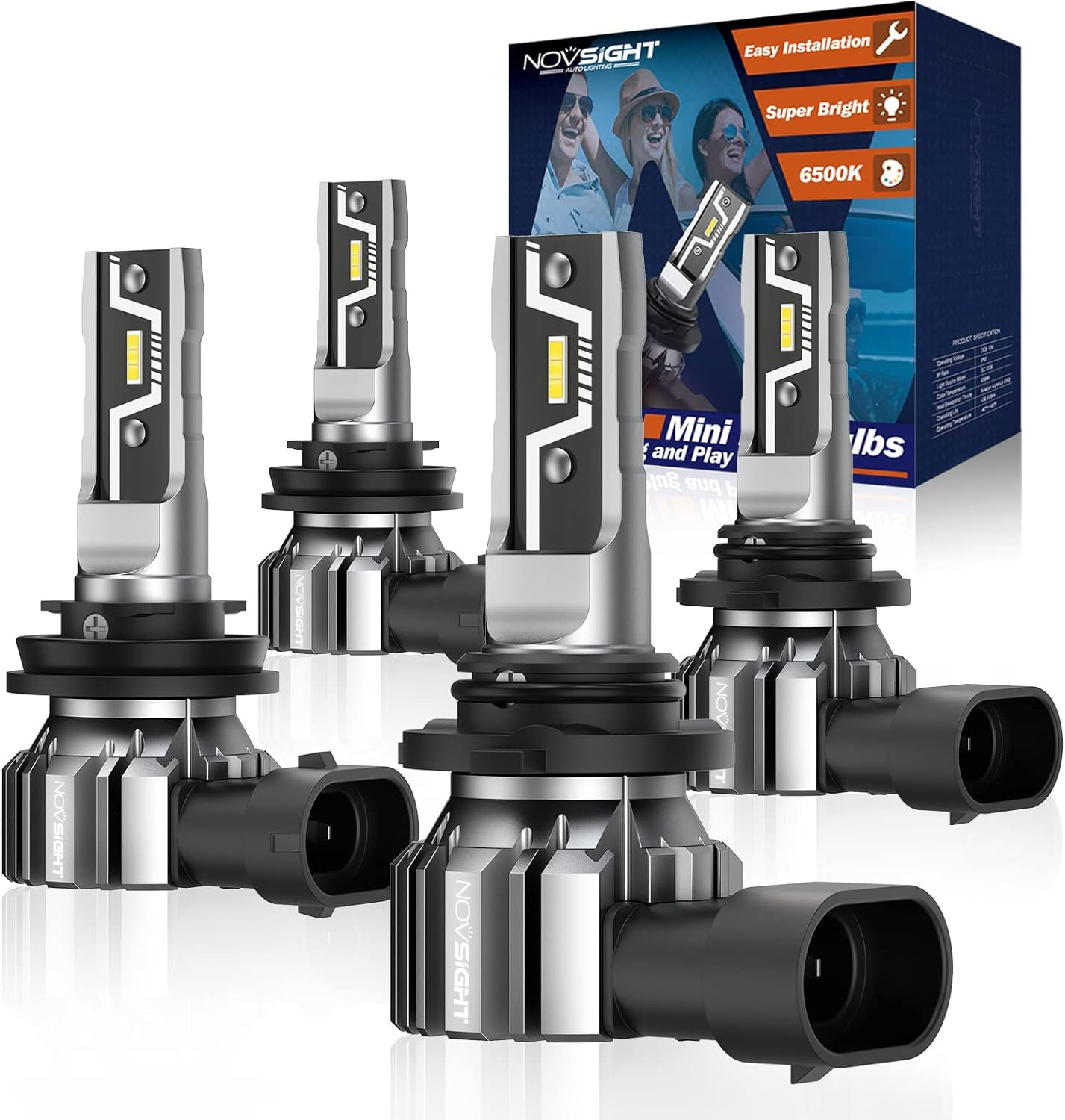 4X NOVSIGHT 9005 H11 LED Headlight Bulbs Combo HB3 H8/H9 6500K 10000LM Hi/Low US