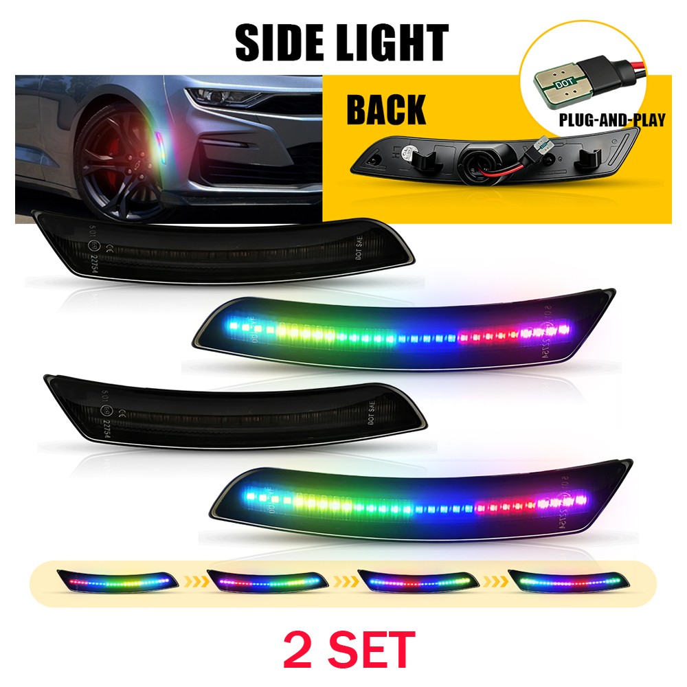 For 2016-2023 Camaro Smoked Housing Colorful Flowing LED Side Marker Lights 8PCS