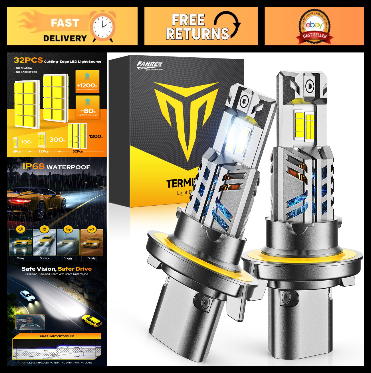 High Brightness H13/9008 LED Bulbs 6500K Cool White, 80000LM, IP68 Waterproof, P