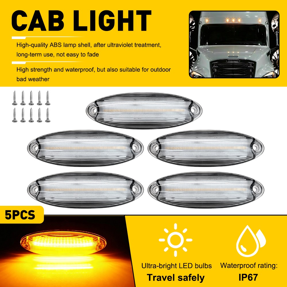 For Freightliner Cascadia All Years Clear Amber LED Raised Roof Marker Lamps 5Pc