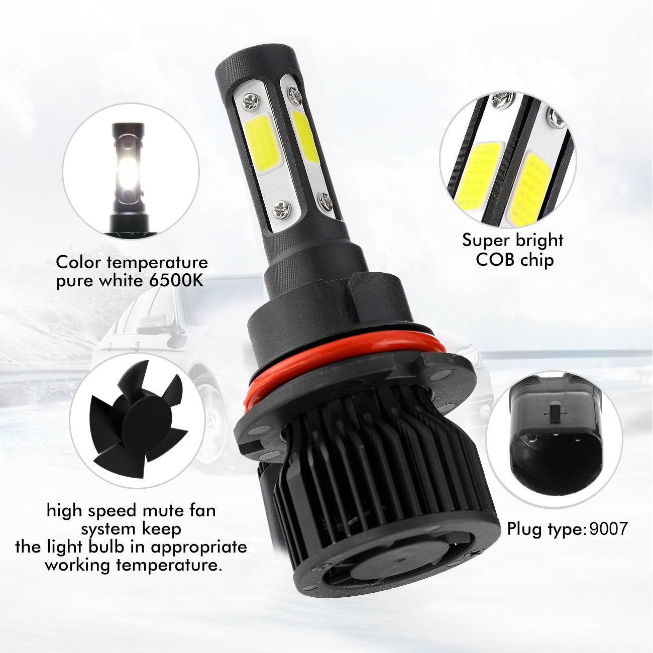 4-sides 9007 HB5 LED Headlight Bulbs Kit 2500000LM 6500K White High Low Beam 2X