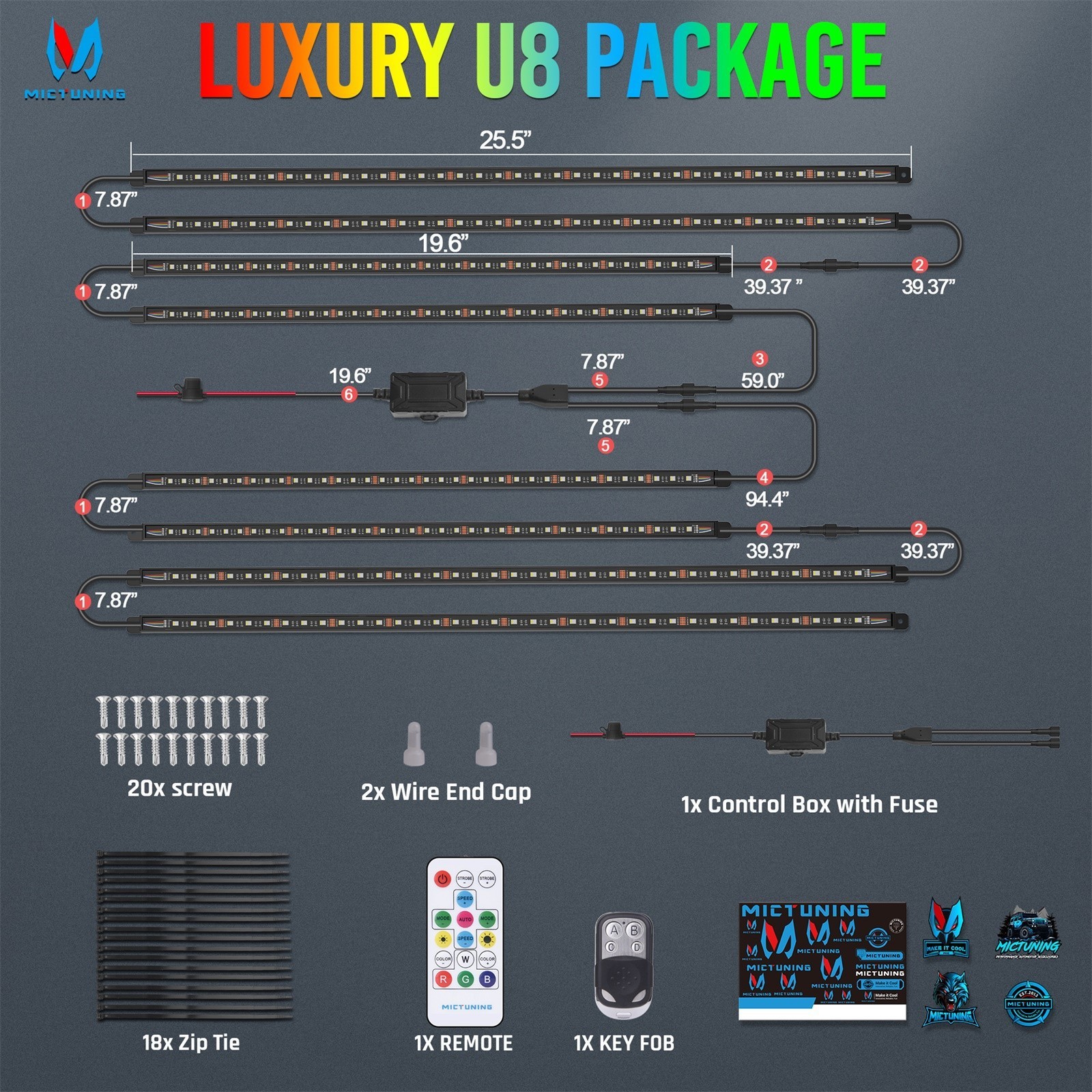 MICTUNING 8pc RGBW LED Underglow Light Bar – Fob/Remote Control Underbody Strips