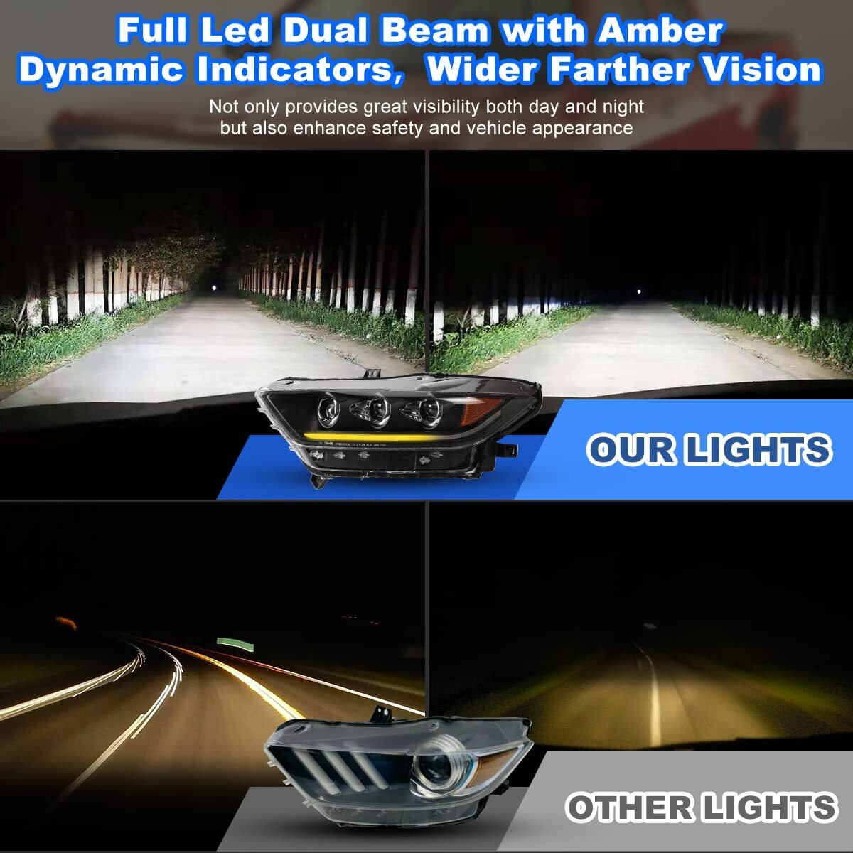 For 2015 2016 2017 Ford Mustang Headlights DRL LED Sequential Projector Headlamp