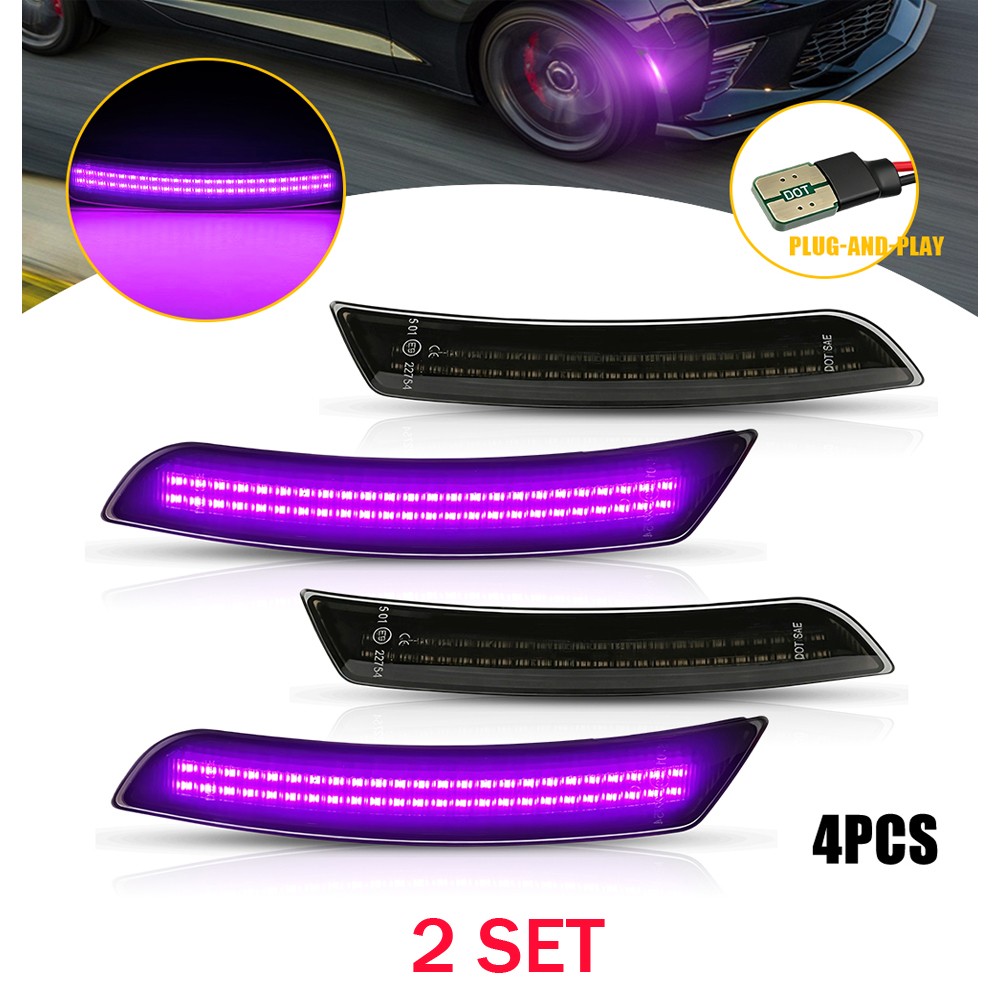 Purple LED Side Marker Lights 8X Fits 2016-2022 2023 Chevy Camaro Smoked Housing
