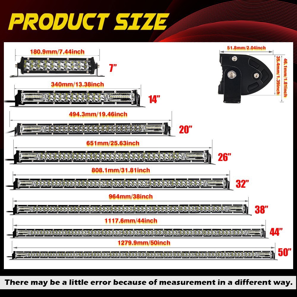 7″14″20″26″32″38″44″50″52″ LED Work Light Bar Truck Offroad 4WD Driving Fog Lamp
