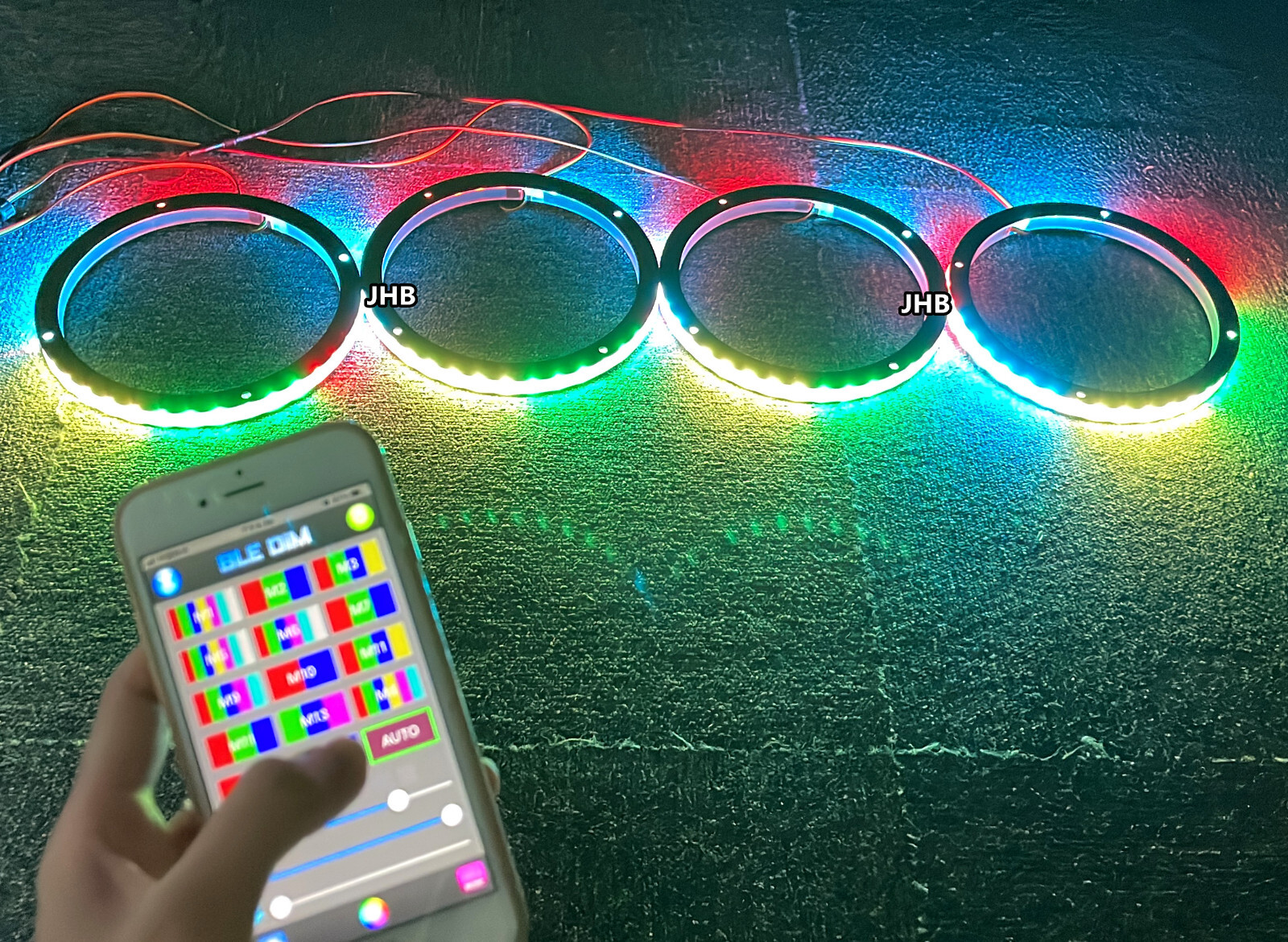 JHB 4PCS 8″ Chasing Flow LED Ring Lights Remote APP Kit for Audio Speaker Subs