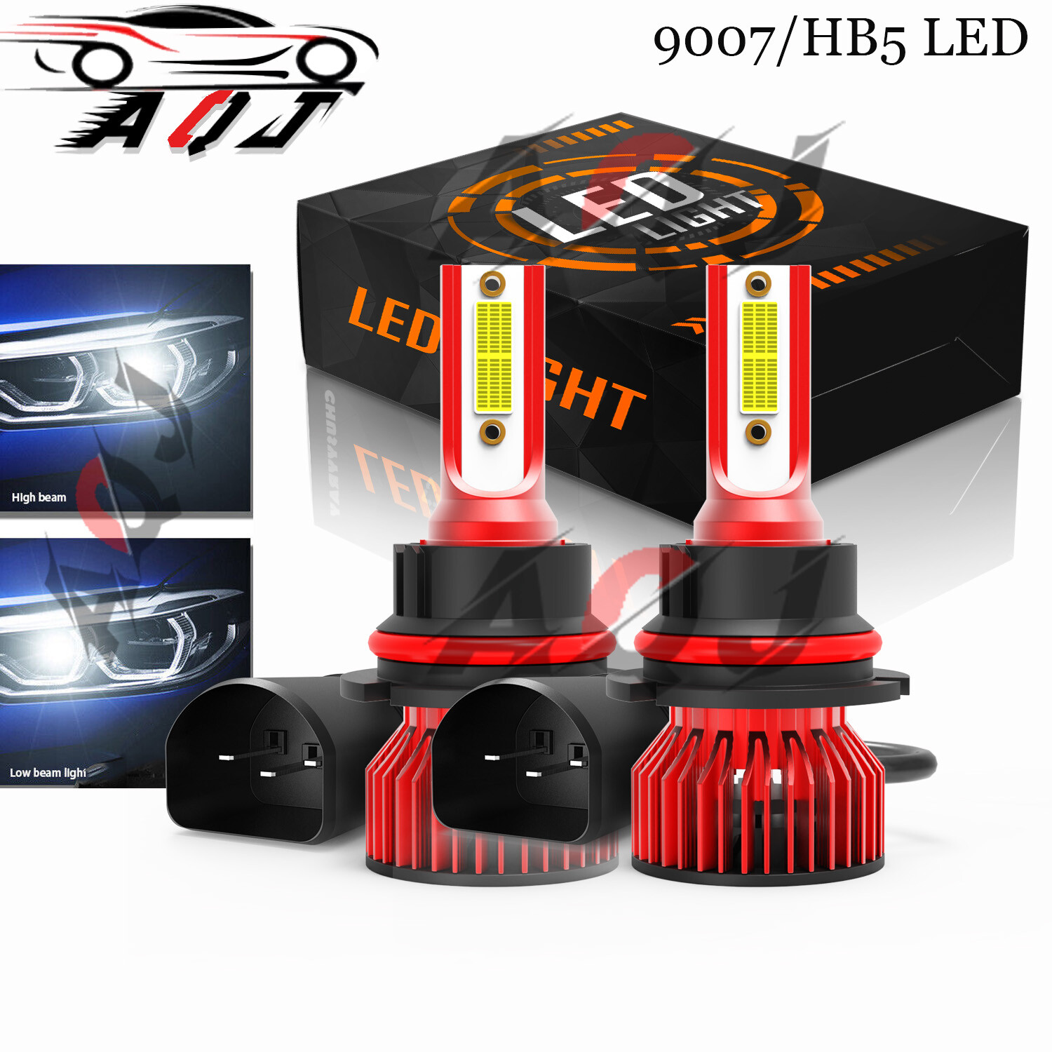 AQJ 2X 9007 HB5 LED Headlight Bulbs 6500K White 12000LM High/Low Beam Replace