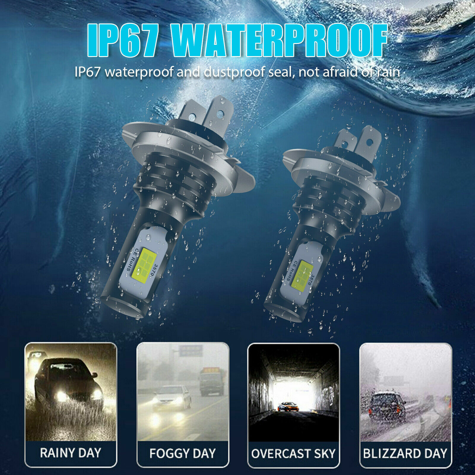 2x H7 LED Headlight Bulb Kit High/Low Beam 80W 12000LM Super Bright 6000K White