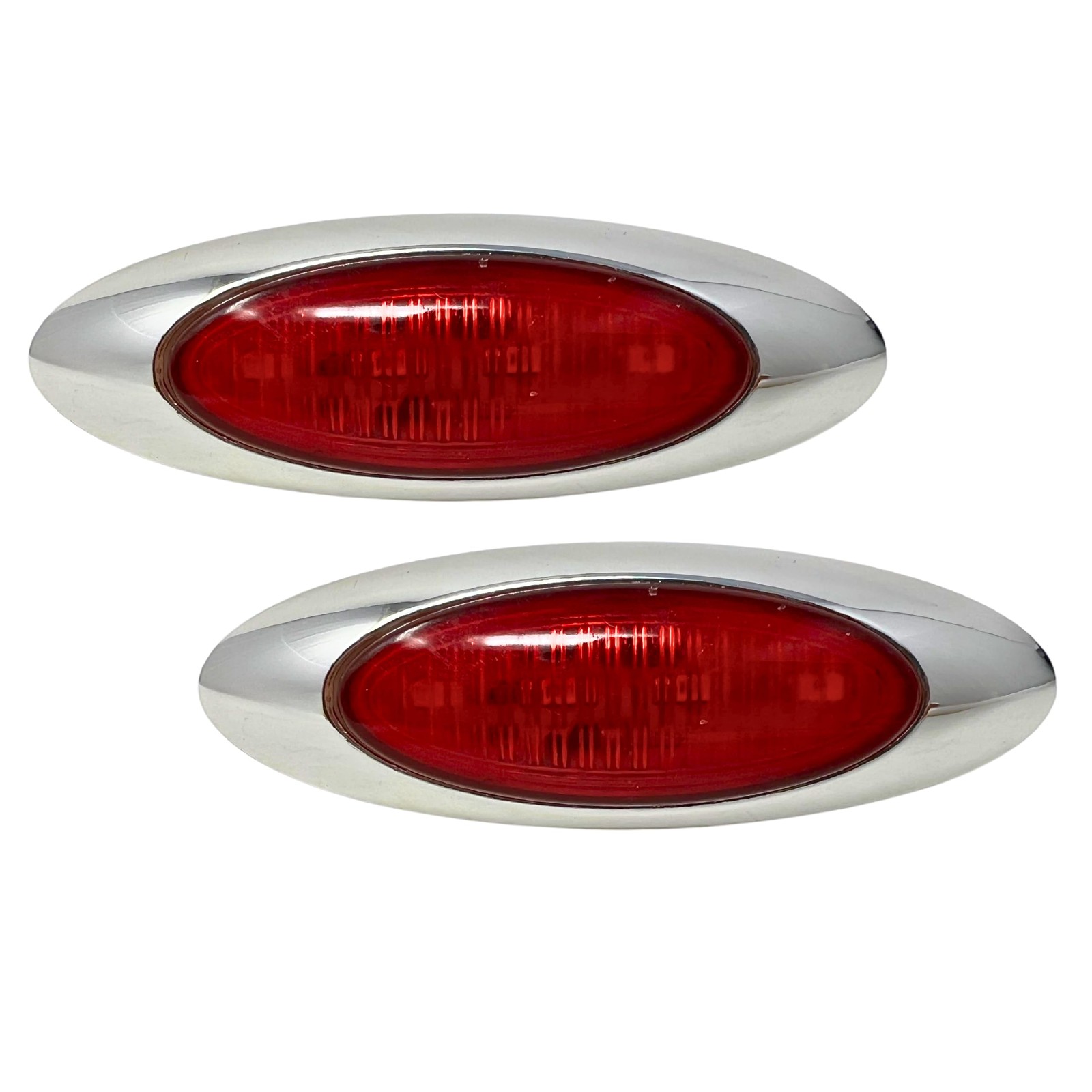 4″ Oval Side Marker Light 4 LED Red Chrome Bezel Freightliner Trailer-QTY 2