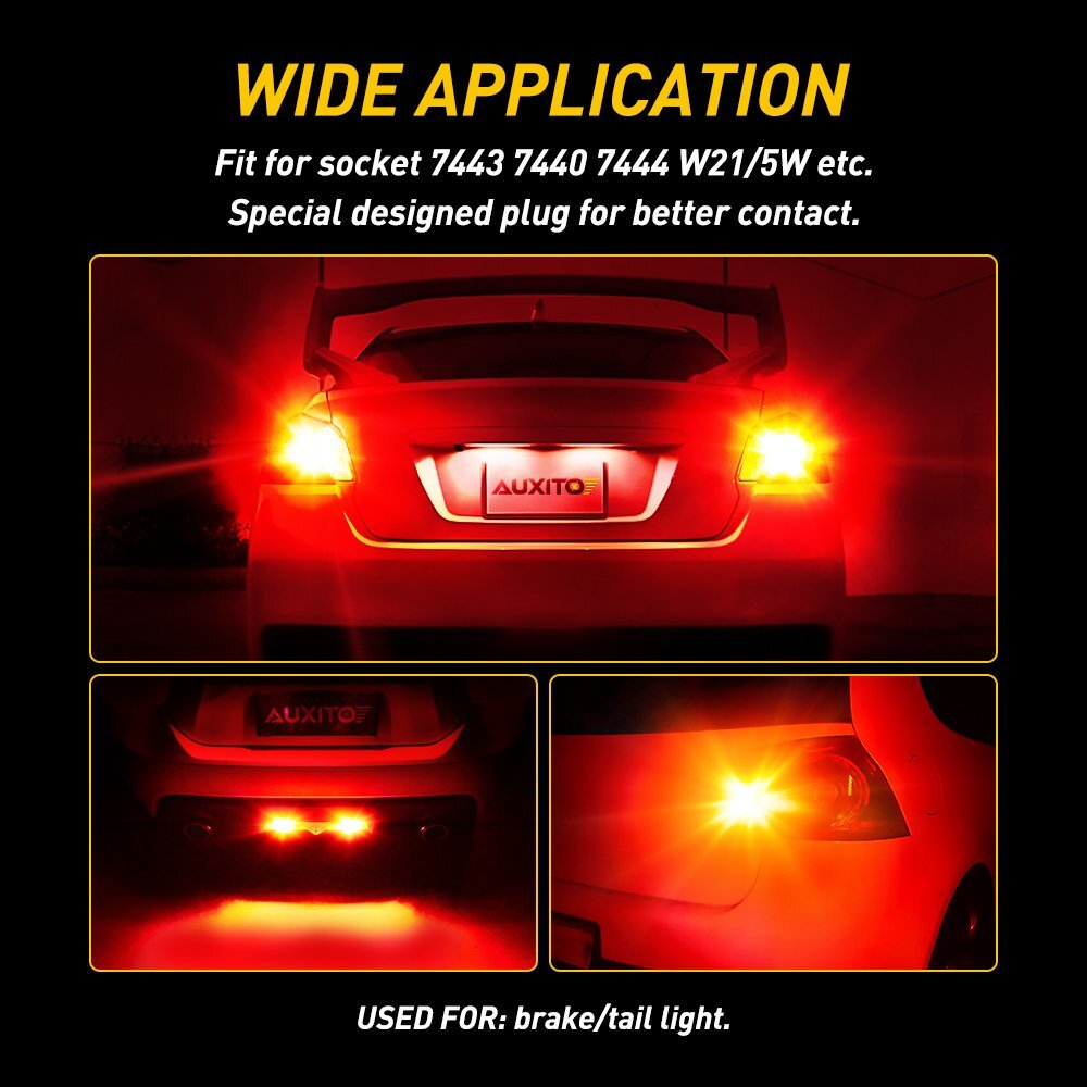 2X AUXITO 7443 7440 Red Flash Strobe Blinking Brake Tail Stop LED Light Bulbs