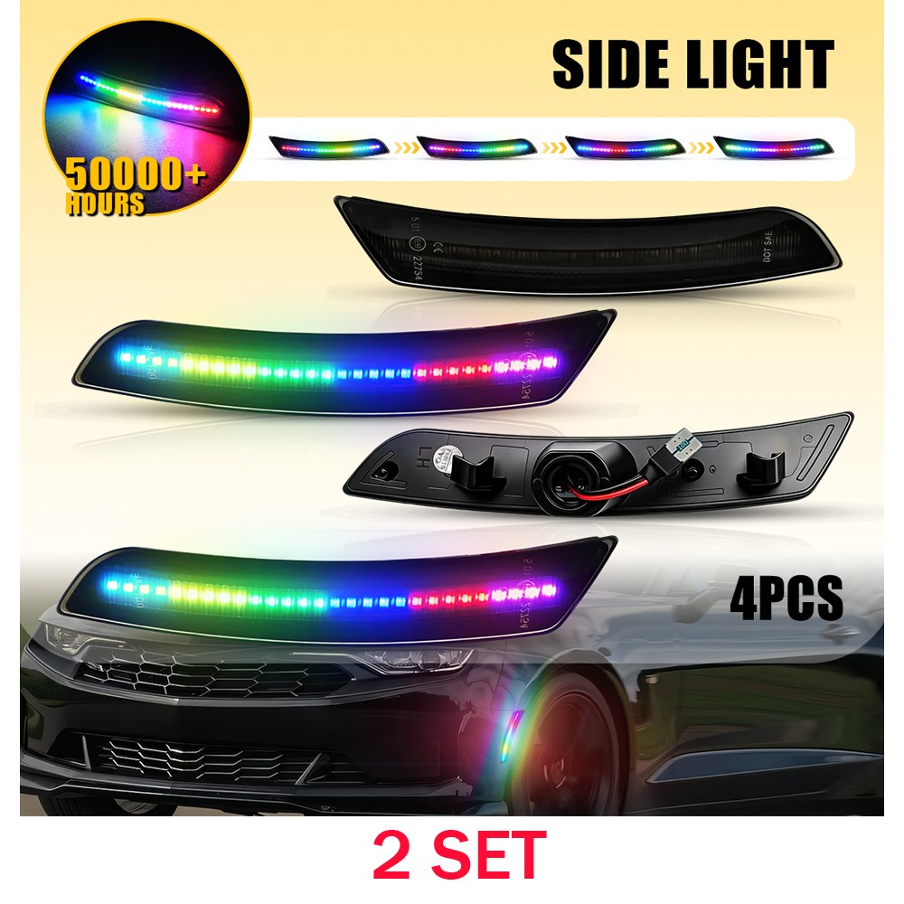 For 2016-22 2023 Camaro Smoked Lens Colorful Flowing LED Side Marker Lights 8PCS