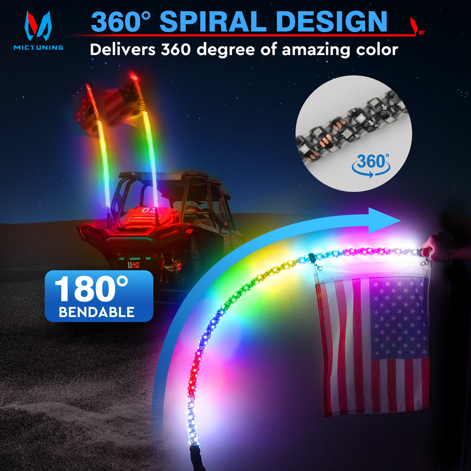 1Pair 3ft/4ft RGB-IC LED Whip Lights 360° Antenna Flow Lamp w/Remote For UTV ATV