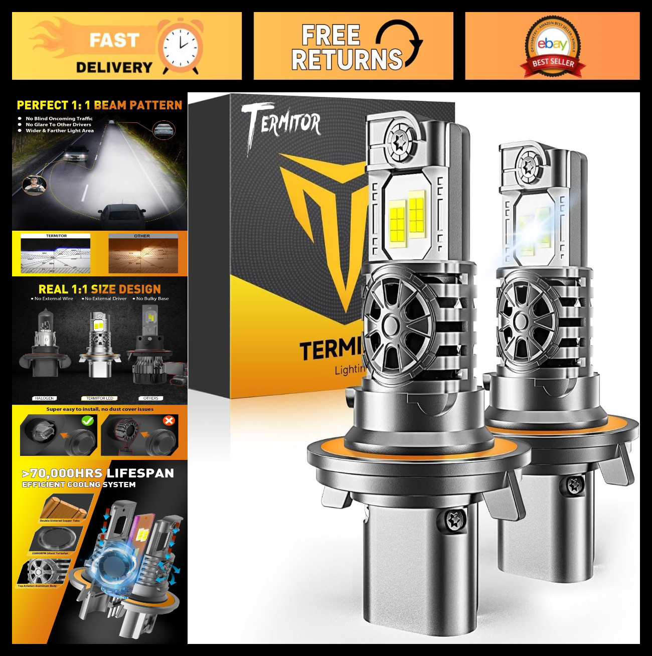 10X Brighter H13/9008 LED Bulbs 50,000LM Cool White 6500K IP68 Waterproof, Easy