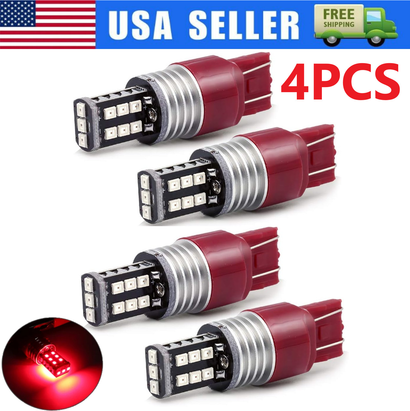 4PCS 7443 7440 LED Red Strobe Flash Blinking Brake Stop Tail Parking Light Bulbs
