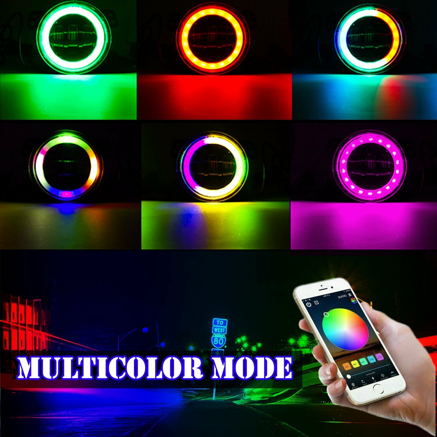 4Inch RGB LED Fog Lights Projector Halo Ring For Jeep Wrangler JK/JL/JT Dodge