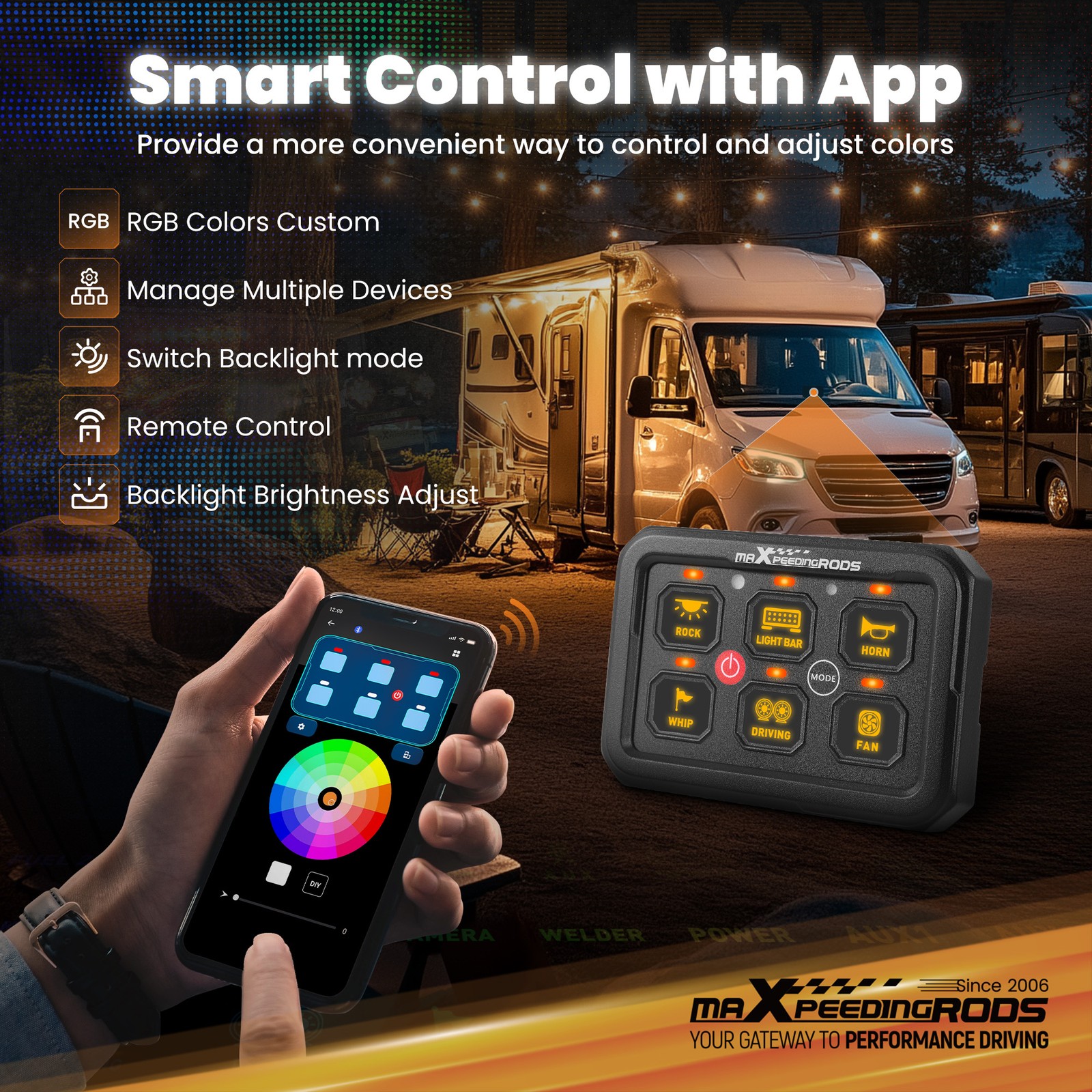 Switch Control Panel For Off-Road Vehicle Boat SUV 6 Gang RGB APP 12V-24V 720W