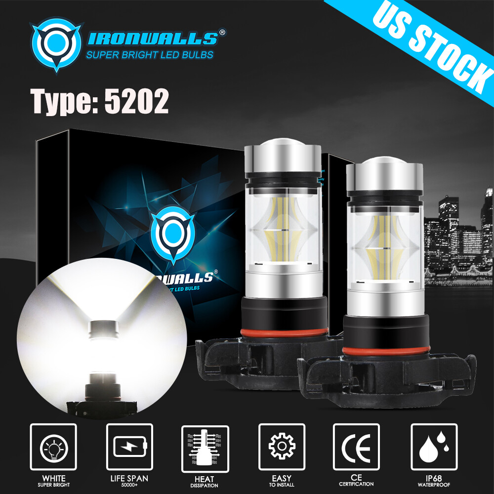 2x H16 5202 PS24WFF 100W 6000K Super White LED Fog Light Bulbs Daytime