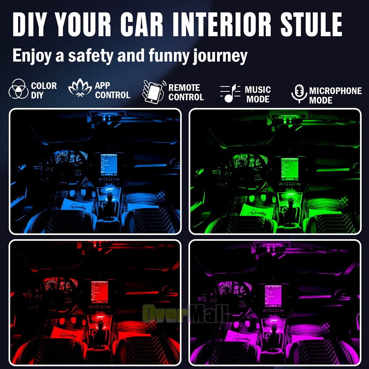 6-In-1 RGB LED Interior Strip Light Car Ambient Atmosphere Lighting APP Control