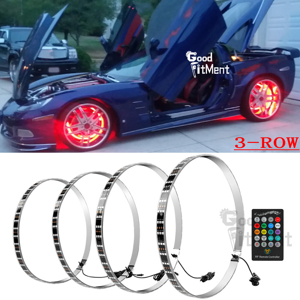 For Chevy Corvette C5 C6 C7 C8 4x 15″ Car RGB Rim Lights Wheel Ring Light 3-Row