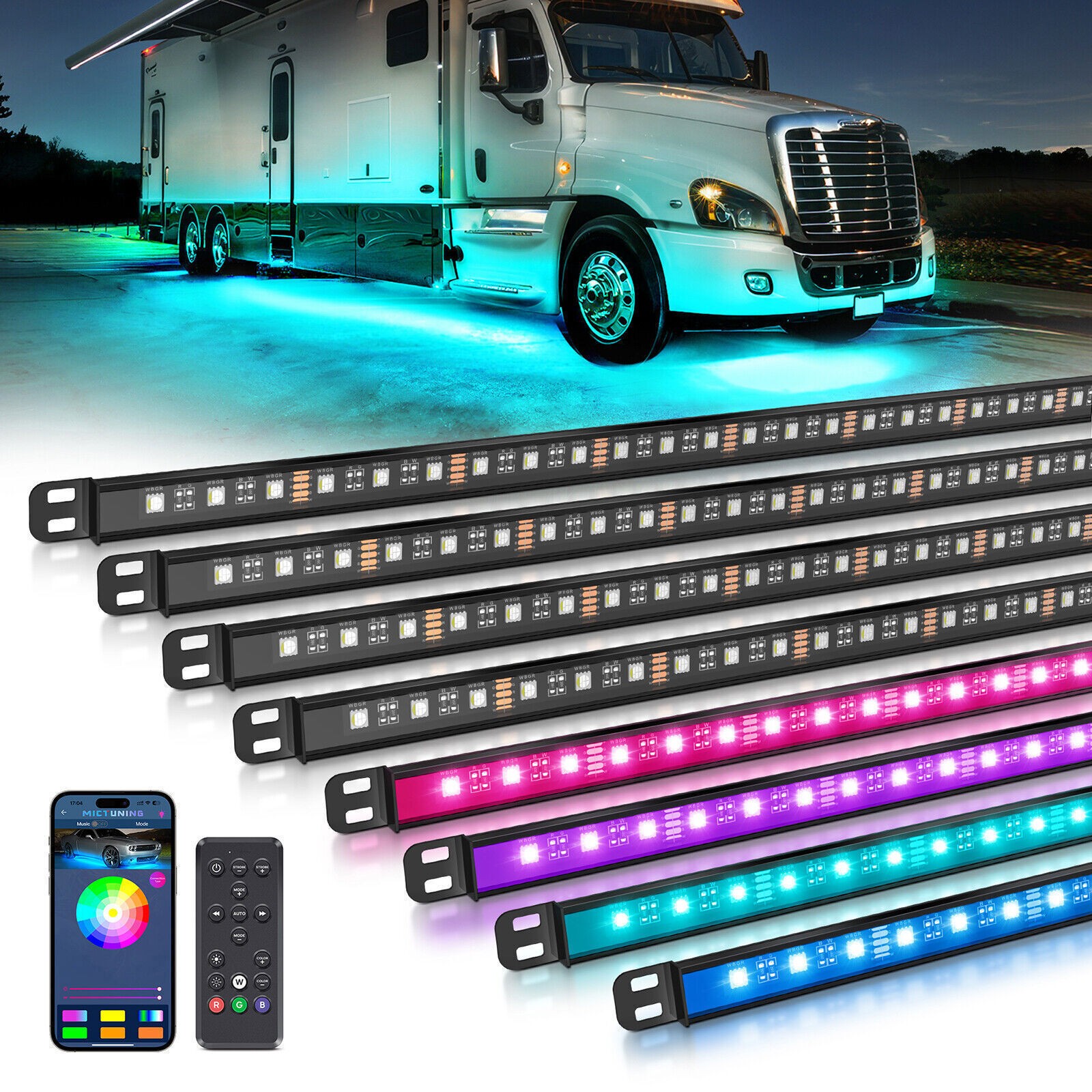 8PCS RGBW Underglow Light Bars for RVs,Exterior Neon Underbody LED Light strips