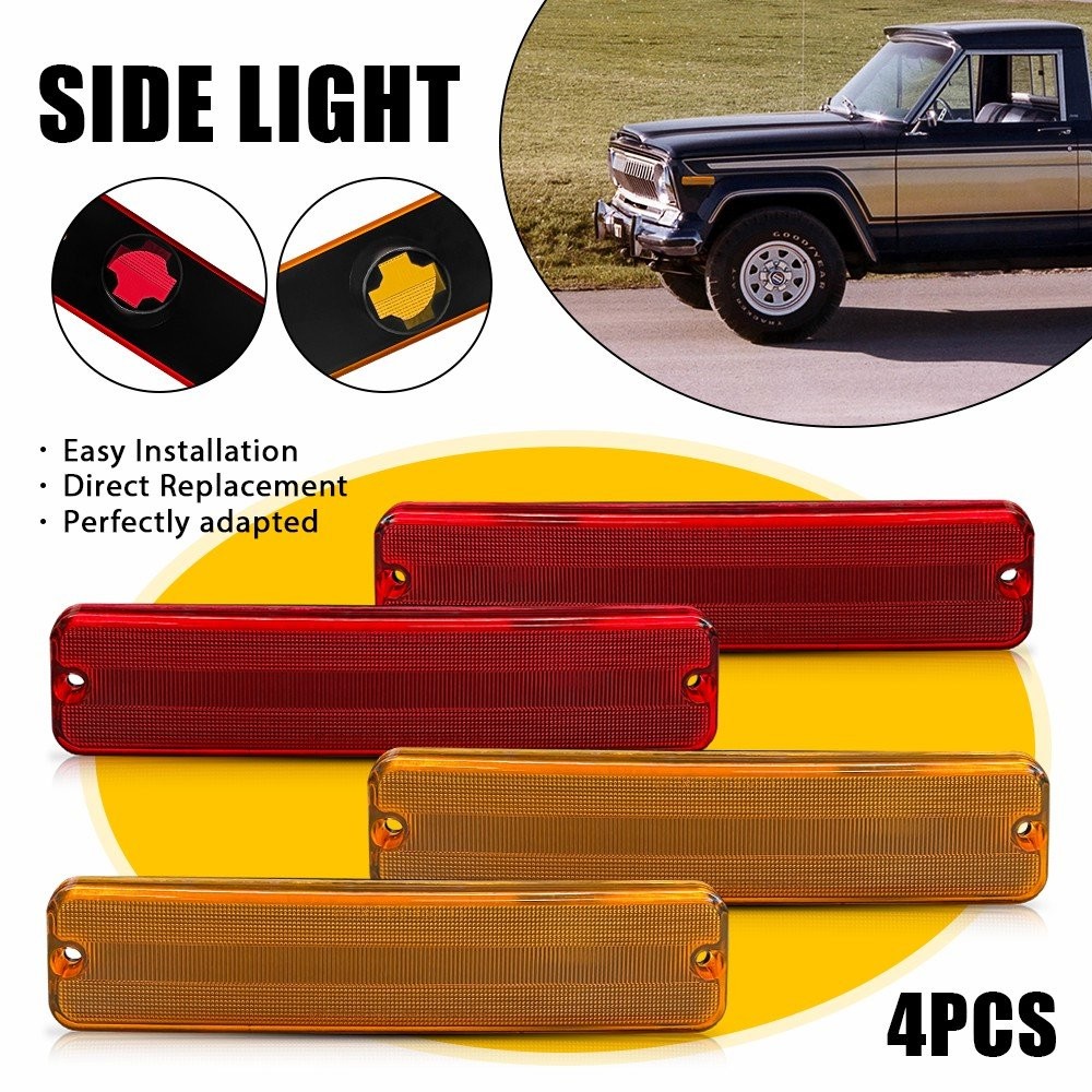 4PC Front Rear Side Marker Light Amber Red Lens For Jeep Cherokee J10 Pickup CJ5