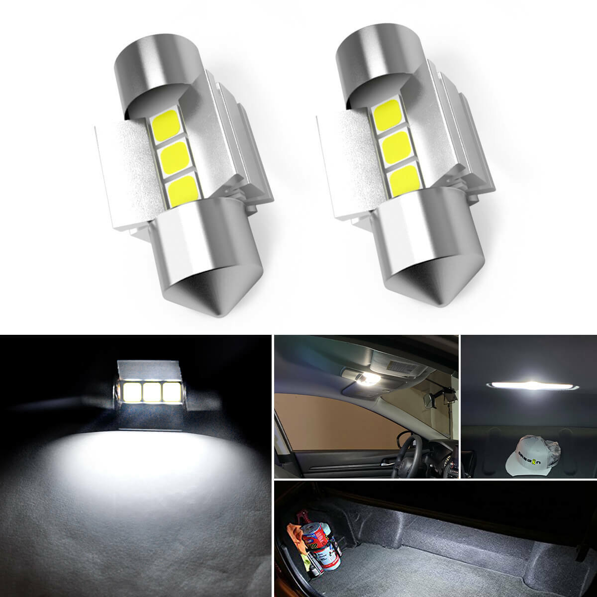 2xWhite 28mm Festoon LED Interior Dome Map License Light Bulb DE3021 DE3022 3528