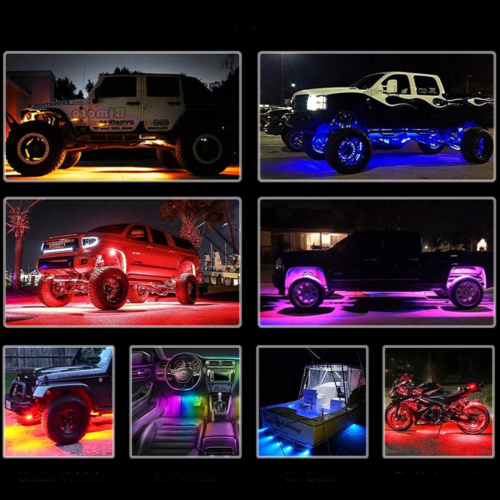 12V 10Pods RGB Rock LED Lights Underbody Wireless APP Music Chasing Offroad ATV